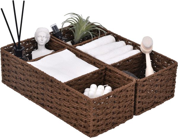 StorageWorks Wicker Toilet Basket Tank Topper, 3-Section Storage Baskets, 2-Pack - Image 8