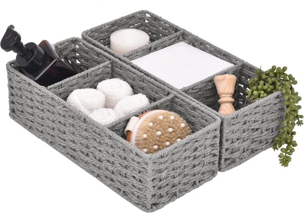 StorageWorks Wicker Toilet Basket Tank Topper, 3-Section Storage Baskets, 2-Pack